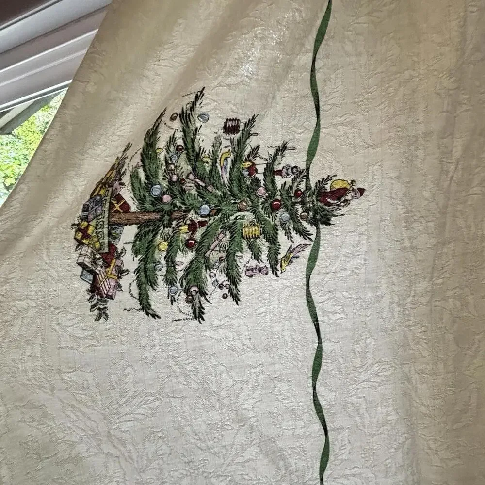 Spode Christmas Tree Tablecloth 114x56 Ivory Green Holiday Cotton Blend